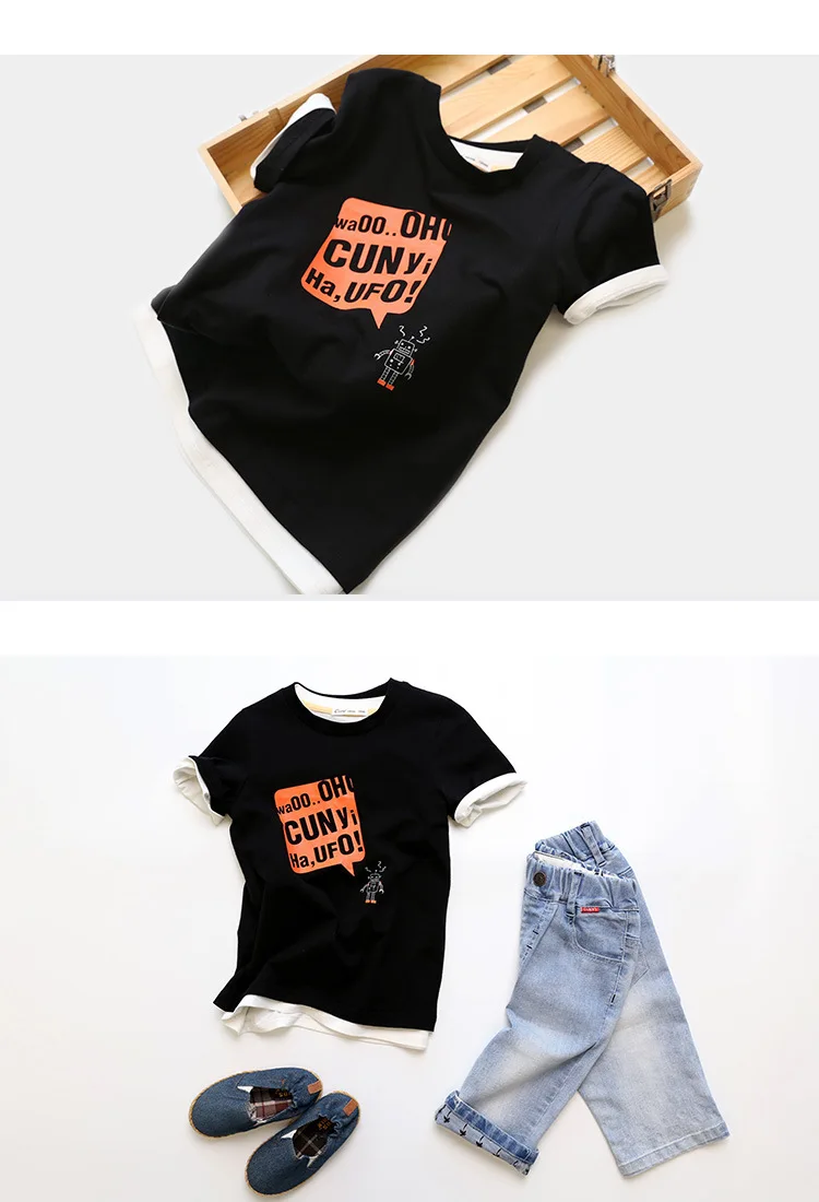Junichi Yield Summer New Style BOY'S T-shirt Big Boy Solid Color Short Sleeve T-shirt Boys Printed T-shirt