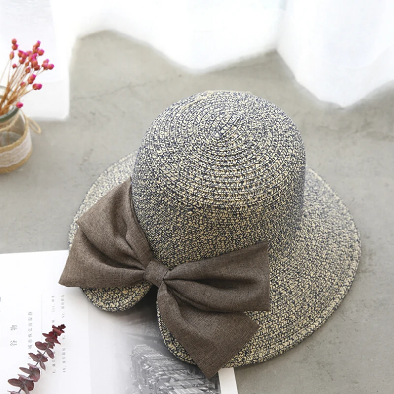 Складной солнцезащитный козырек Femme cap Женская соломенная шляпа Bowknot затенение от солнца Кепка с широкими полями для студентов
