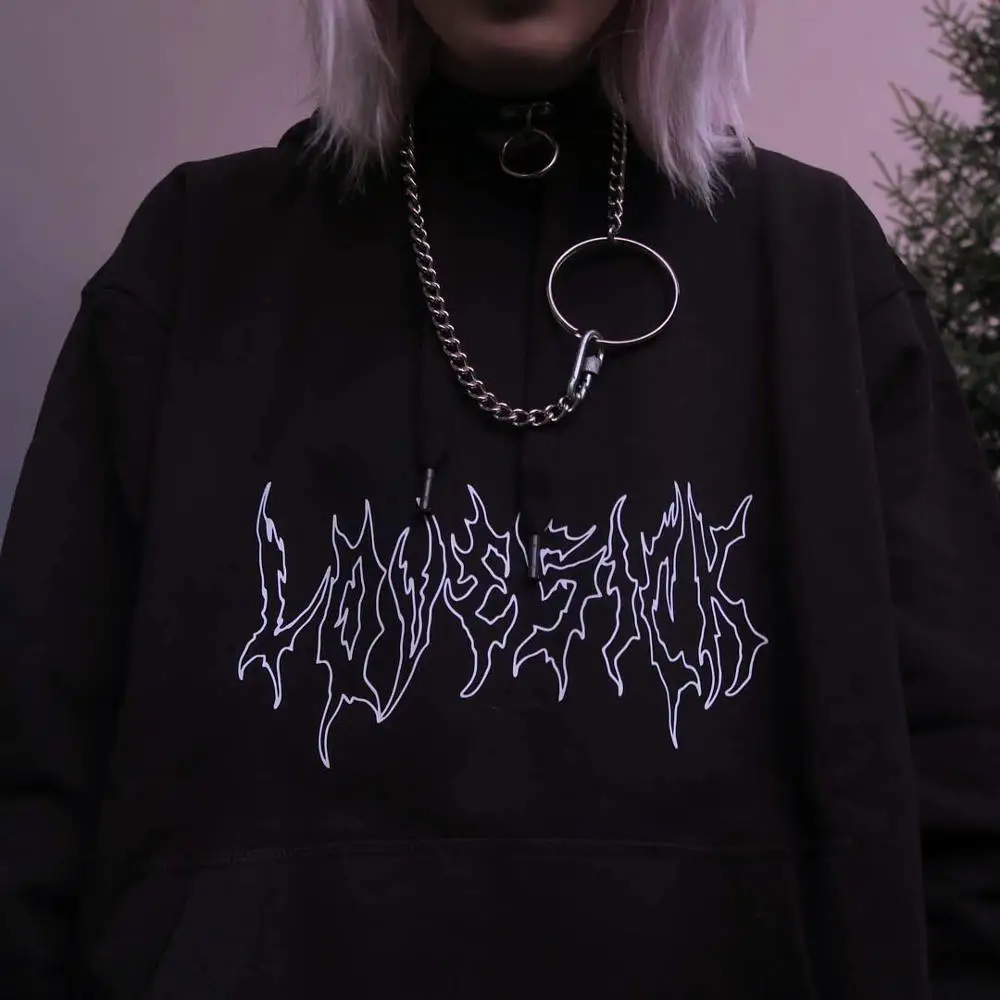 Sudadera negra con capucha para mujer, ropa informal suelta, sudaderas con capucha de punto gótico con dibujo Punk, Jersey largo con capucha para mujer