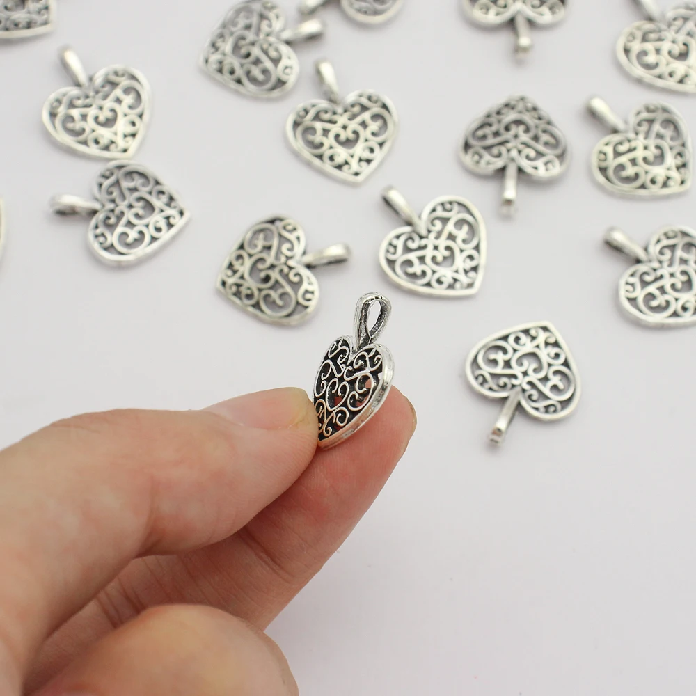 50 шт 15*16 мм старинный серебряный Амулет в форме сердца полые металлические подвески для ювелирных изделий в поисках DIY ожерелье аксессуары G0529