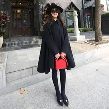 Осенне-зимнее одноцветное длинное шерстяное пальто для женщин, свободная плотная накидка, пальто с отложным воротником, верхняя одежда