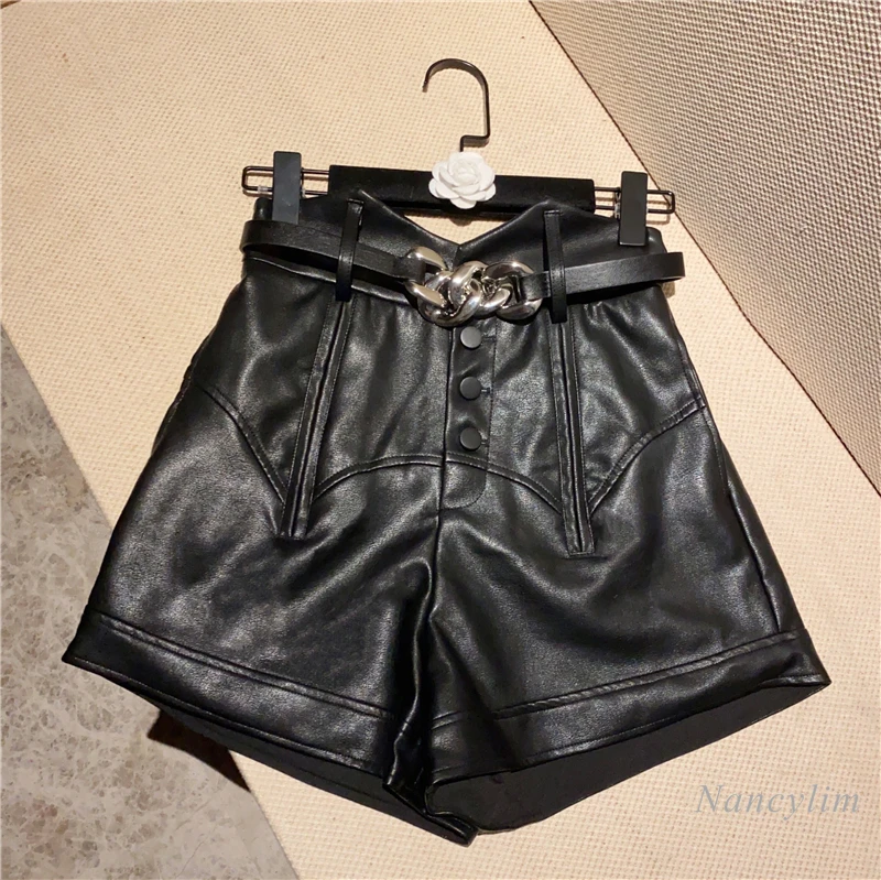 Nancylim High Waist Pu Leather Shorts Woman Shorts Lace-up Waist Slim All-match Boots Lady 2020 Autumn Fahsion Clothing