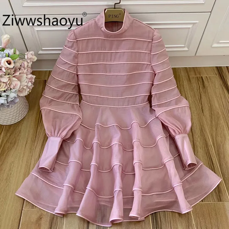 Розовый Ziwwshaoyu,, подиумное платье, женское, весна-лето, розовое, с рукавами-фонариками, в полоску, красивые вечерние платья - Цвет: Розовый