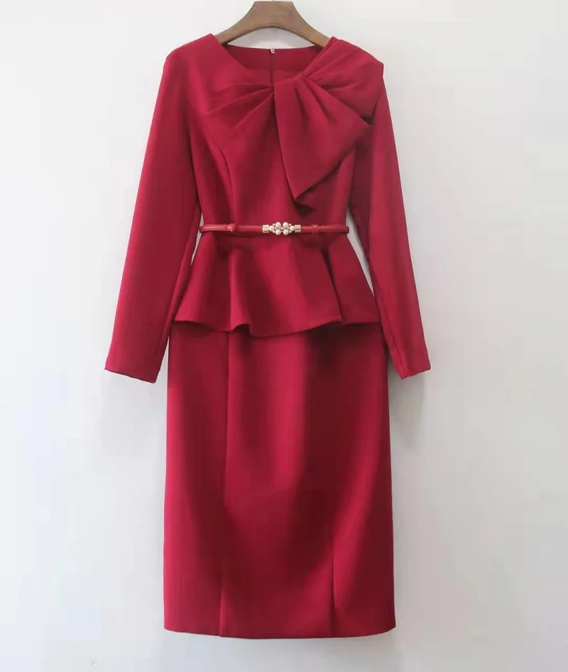 One Piece Dress 21 Autumn Winter Party Cocktail Women Big Bow Beading Deco Long Sleeve Bodycon Wine Red Green Dress Peplum Dresses Aliexpress