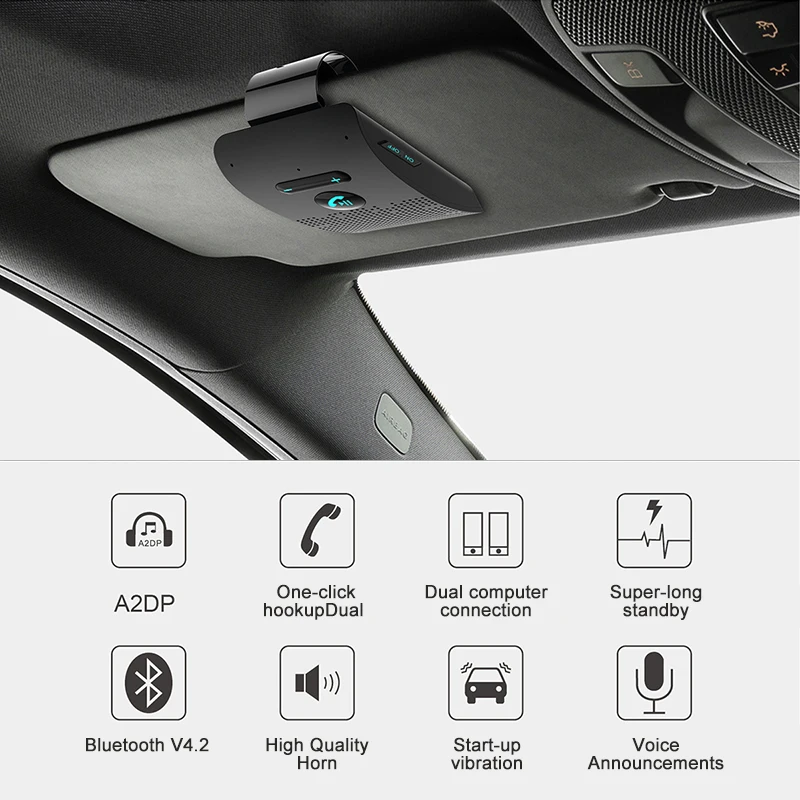 Bluetooth автомобильный комплект громкой связи Bluetooth 4,2 автомобильный стерео музыкальный плеер функция голосового Управление на солнцезащитный козырек, Прямая поставка Беспроводной аудио автомобиля громкой связи Bluetooth