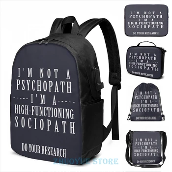 

Sherlock - Not A Psychopath, A High-Functioning Sociopath USB Charge Backpack men School bags Cosmetic bag Travel laptop bag