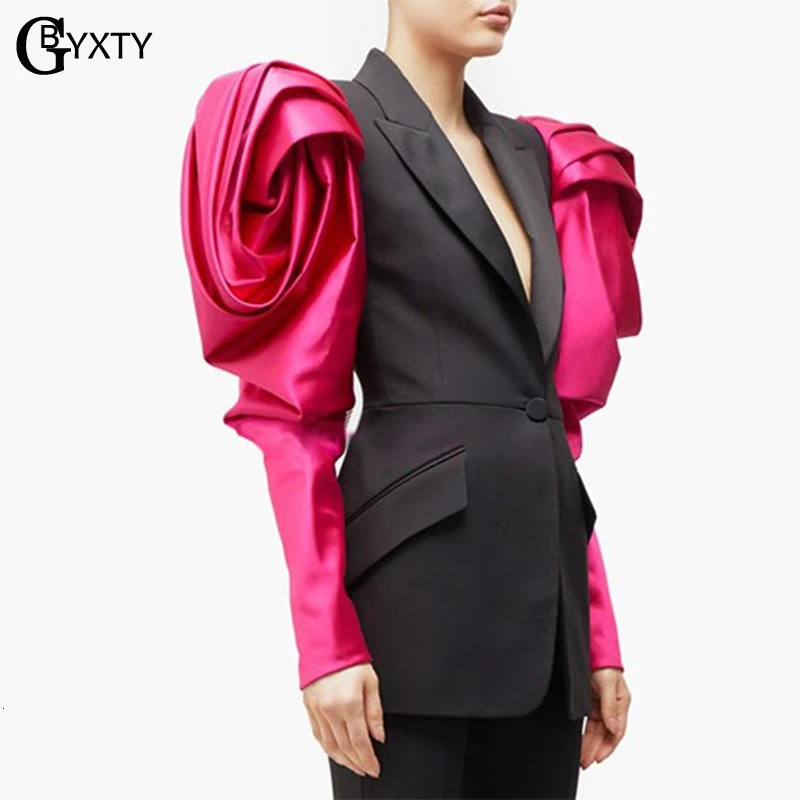 

GBYXTY Ladies Hit Color Puff Sleeve Elegant Blazer Autumn Women Long Sleeve Notched Collar Office Blazer Female 2019 ZA1704