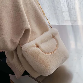 

fashion soft plush chains women shoulder bags designer metal handbags luxury faux fur crossbody large capacity totes lady purses