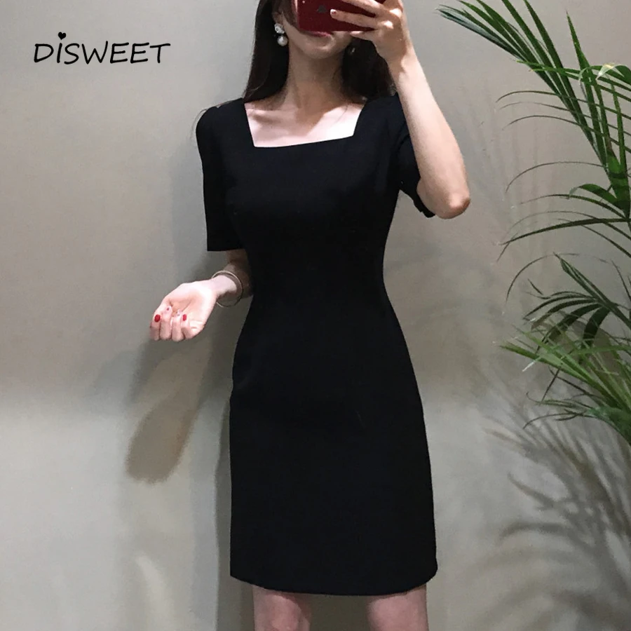 

Korean Version Vintage Dress Nvzhuang Summer Short Sleeve Square Collar Slim Dress Women Simple Straight Black Dress Female 2019