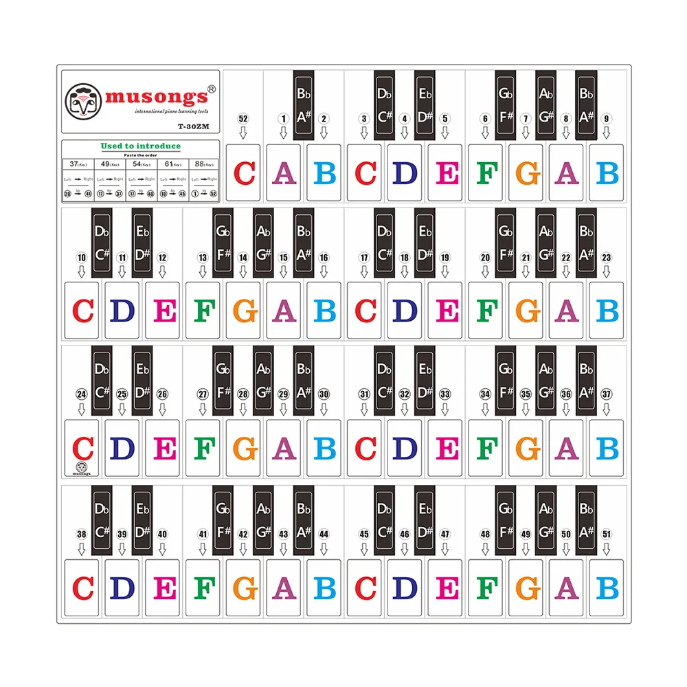 

Piano Keyboard Stickers for 37/ 49/ 61/ 88 Keys Keyboards Removable Transparent Bigger Colorful Letters for Learning Practice