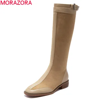 

MORAZORA 2020 Hot Sale genuine leather women boots low heel square toe buckle women shoes 2 colors winter knee high boots