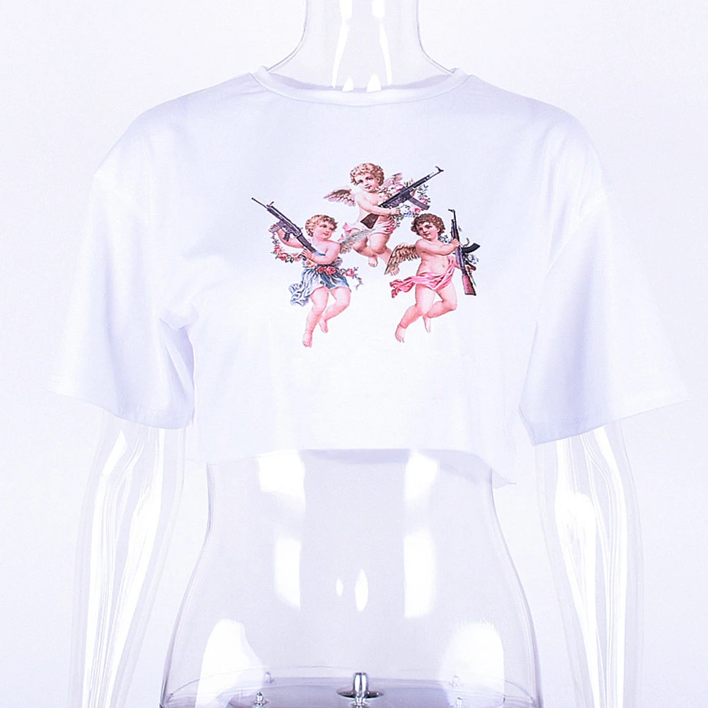 Летняя женская хлопковая Футболка с принтом короткий топ повседневная Свободная