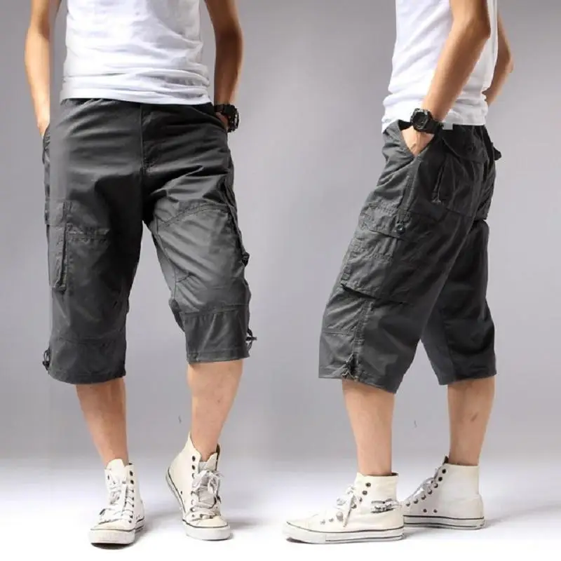 Summer Long Length Cargo Shorts Men Knee Pocket Casual Cotton Elastic Waist Bermudas Male Military Style Capri Breeche Army