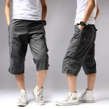 

Summer 2019 Long Length Cargo Shorts Men Knee Pocket Casual Cotton Elastic Waist Bermudas Male Military Style Capri Breeche Army