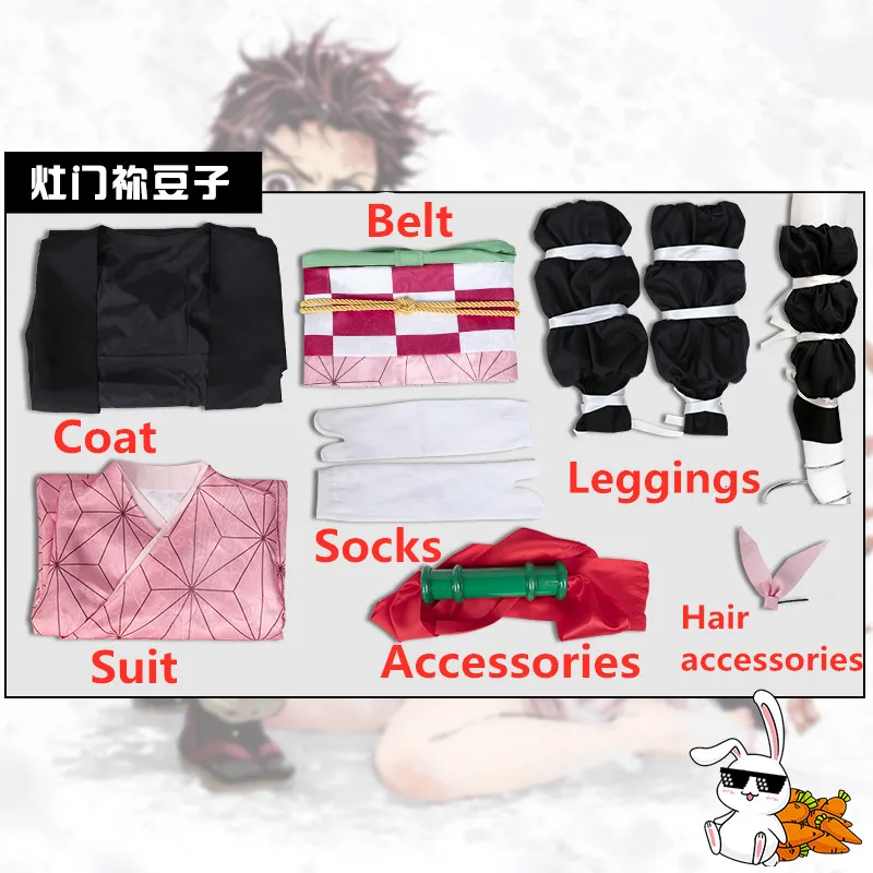 Аниме Kimetsu no Yaiba Demon Slayer Косплей Костюм Kamado Nezuko Женская японская одежда Униформа синтетические парики для девочек мужчин мальчиков - Цвет: full set