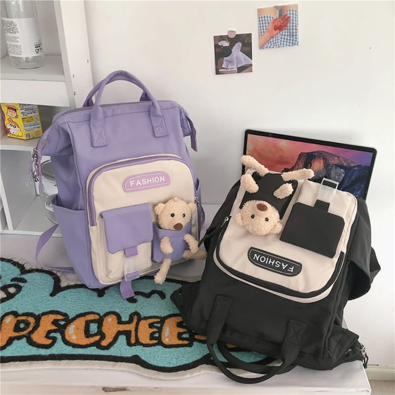 Kawaii Preppy Backpack Bear Nylon Bag Women Waterproof Candy Colors Backpacks High School Bags for Teenage Girl Travel Rucksack