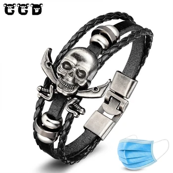 

2018 New Fashion 3 layer Leather Skull Bracelets&Bangles Handmade Round Rope Turn Buckle Bracelet For Women Men Charm bracelet