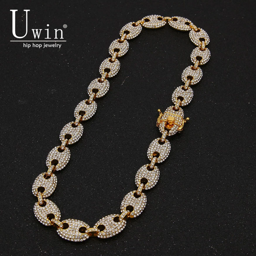 

UWIN Coffee Bean Link 13mm Rhinestone Necklace Hip hop Fashion Punk Choker Chain Bling Bling Charms Jewelry 16inch,18inch,20inch