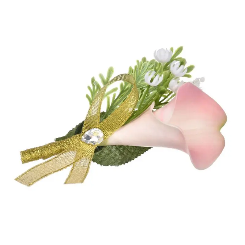 Wedding Bridal Groom Men Calla Lily Brooch Pin Artificial Flower Corsage Rhinestone Ribbon Jewelry Clip-on Boutonniere Decor