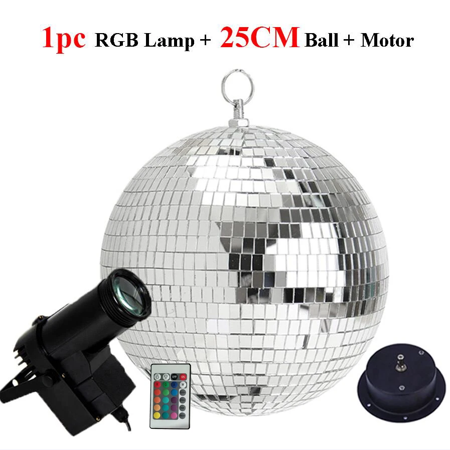 25CM Ball Add 1 Lamp Thrisdar, вращающийся зеркальный диско-шар, вечерние светильник, 10 Вт, RGB луч, точечный сценический светильник с дистанционным управлением, праздник, Рождество, КТВ, зеркальный шар - Цвет: 25CM Ball Add 1 Lamp
