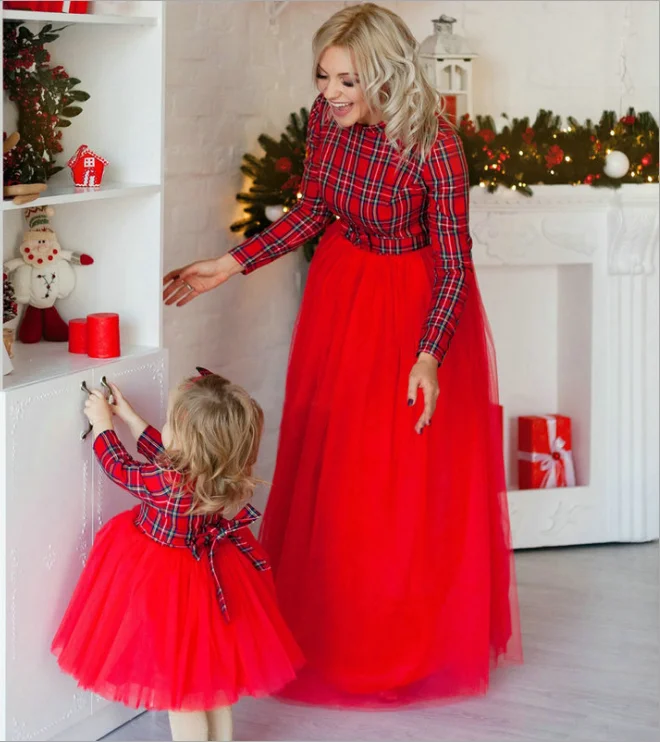 

Red Mesh Ball Gown Party Mother Daughter Dresses Mommy and Me Family Matching Clothes Plaid Mom Dress Kids Child Outfits