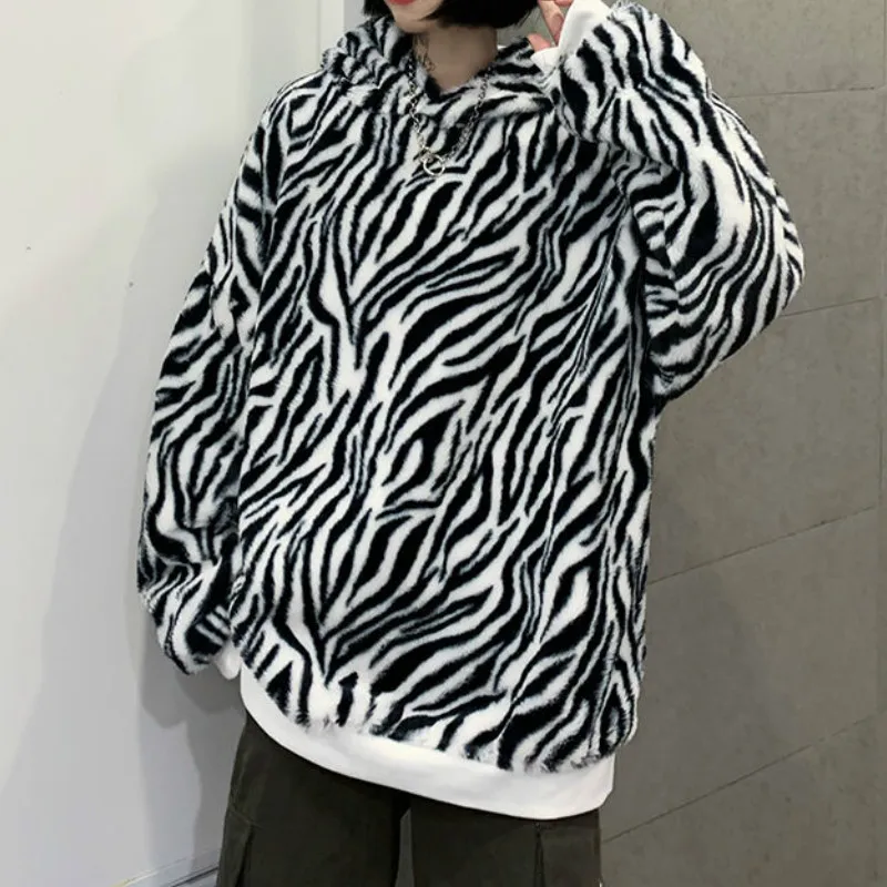 

Deeptown Flannel Sweatshirt Women Autumn Winter Clothes Women 2020 Korean Hoodie Zebra Print Long Sleeve Tops Loose Warm Hoodies
