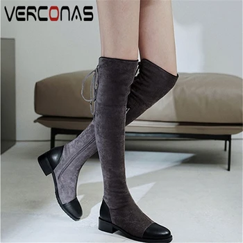 

VERCONAS Fashion Casual Women Over-The-Knee Boots Autumn Winter Shoes Woman Low Heels Side Zipper Stretch Boots Tight High Boots