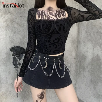 

InstaHot gothic mesh lace t shirt long sleeve black flocking crop tops women autumn slim square collar streetwear punk tops 2020