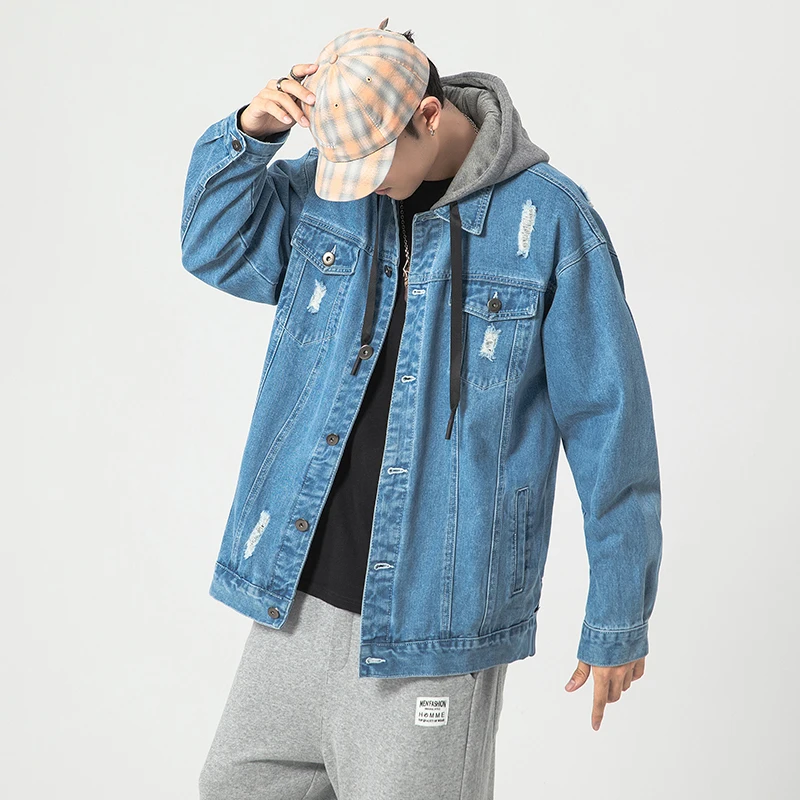 

Denim With Hooded Men'S Jeans Black Blue Jacket Spring Autumn 2020 Fashion Clothes Plus Oversize M-5XL