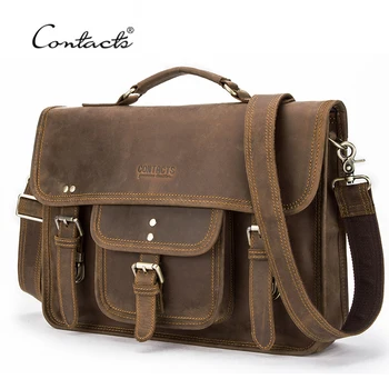 

CONTACT'S Vintage Men Briefcase Bag Crazy Horse Leather Shoulder Messenger Bags Quality Tote Bag Business Handbag for 14" Laptop