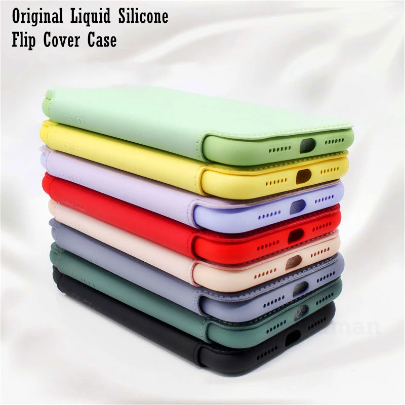 Original Liquid Silicone Flip Case For iPhone XR XS Max X 8 7 Plus 11 12 13 Pro Max SE 2020 Soft Cover Protective Leather Case iphone 12 mini cover