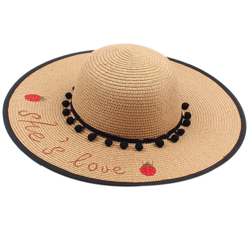 Ladies Sun Hat Summer Beach Straw Hat Letter Embroidered Sombrero Sun Hat Wide Cap Foldable - Цвет: Gray