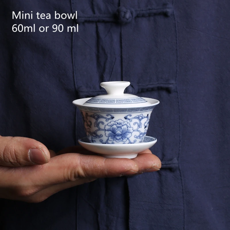 Mini Chinese Palace Style Tea Bowl Ceramic Teacup Blue And White Travel Kung Fu Tea Set Small Tureen Porcelain Cup Flower Gaiwan