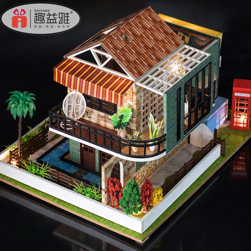 

Know with Dust Cover DIY Hut Hand-made Cafe Model Villa Assembled Toys