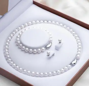 

classic set of 10-11mm south sea round white pearl necklace &bracelet &earring