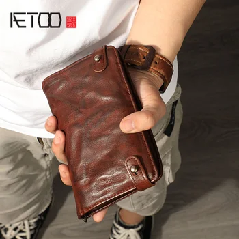 

AETOO Vintage sheepskin purse, men's multi-card ticket clip, large-capacity leather cross-hand bag