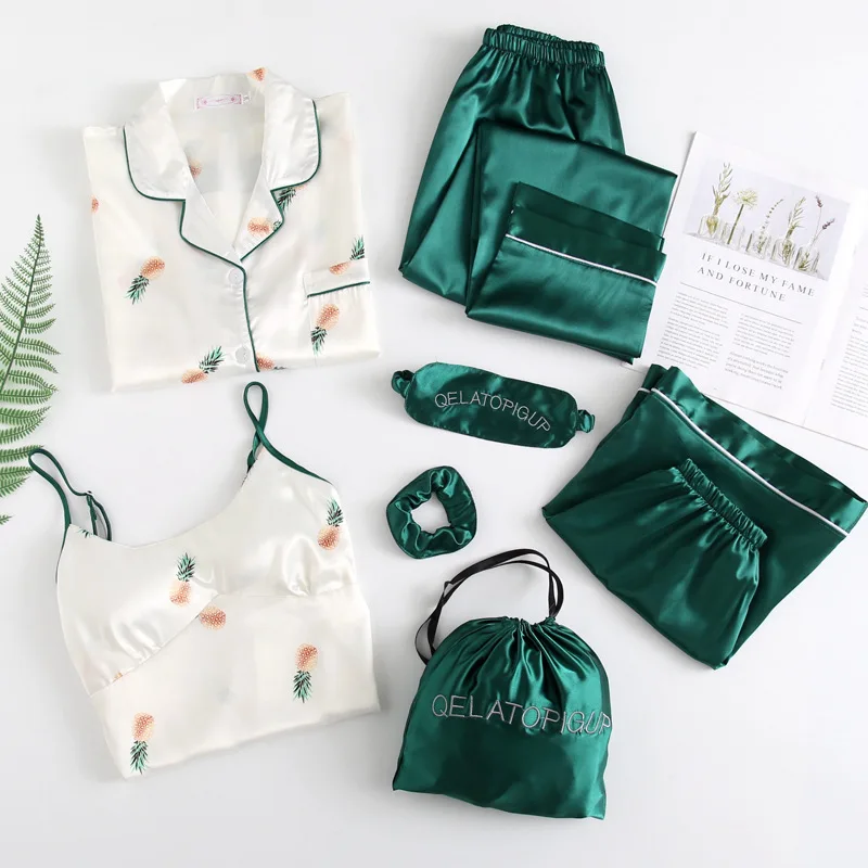 

Spring And Autumn Summer Pineapple Imitated Silk Fabric Seven Sets with Chest Pad Pajamas Women Long Sleeve Sweet Korean-style F