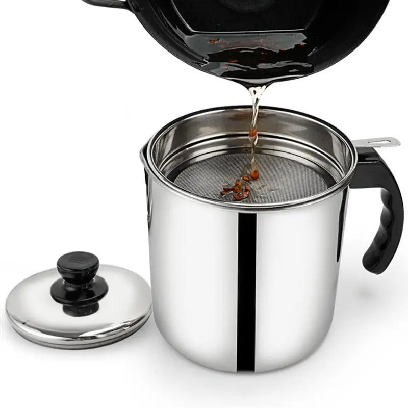 

1.2L Stainless Steel Oil Strainer Pot Grease Container Oil Storage Can Grease Keeper with Strainer and Lid