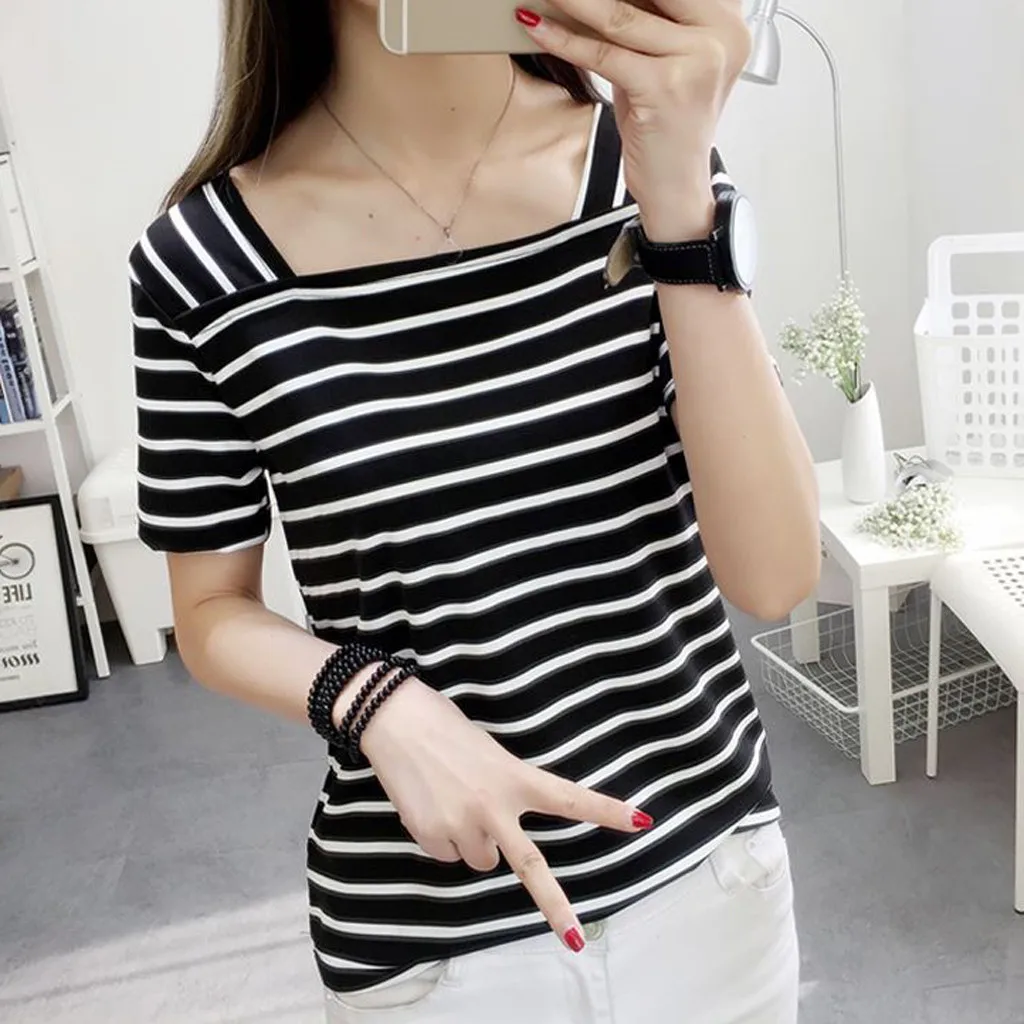 Красивая летняя полосатая VogueTshirt для женщин с коротким рукавом, Облегающая рубашка с квадратным вырезом, женская уличная одежда