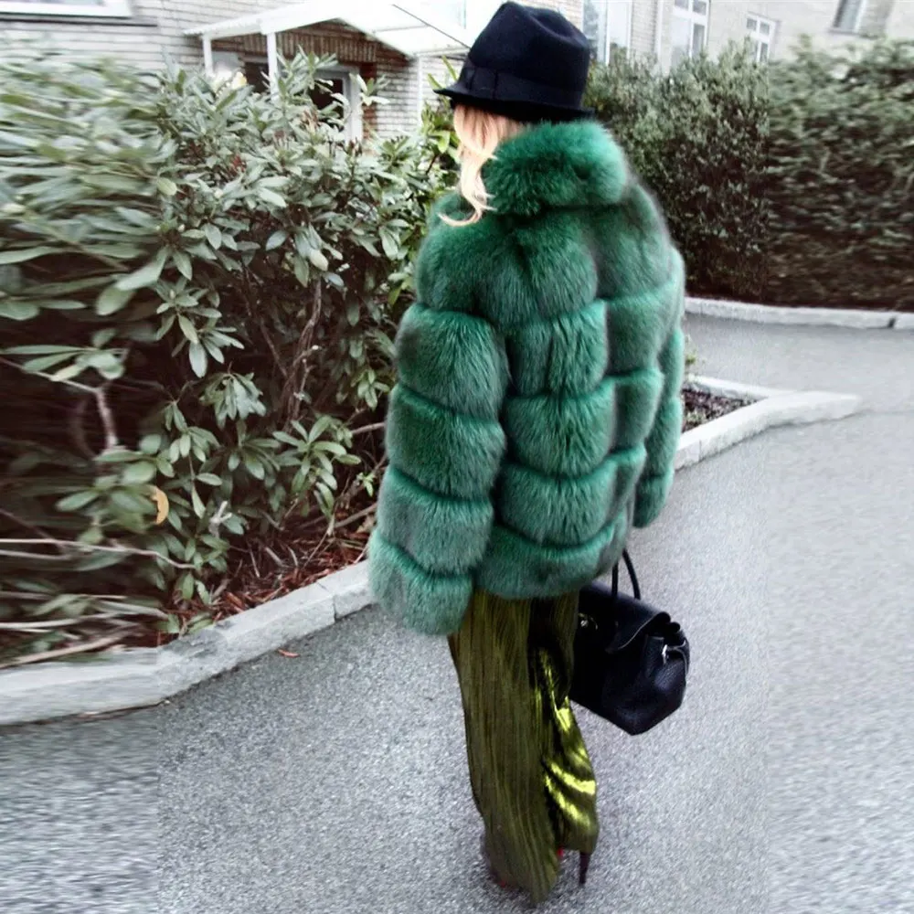 60 см женское натуральное лисьего цельное меховое пальто из натурального Лисьего меха зимняя женская куртка пальто Женский Дамский стоячий воротник жакет из меха - Цвет: green 60