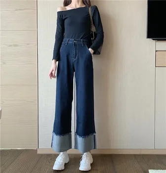 

Net Red Personalized Flanging High Elastic Pants High Waist Jeans Women's High Waist Straight Tube Thin All Round Loose Wide Leg
