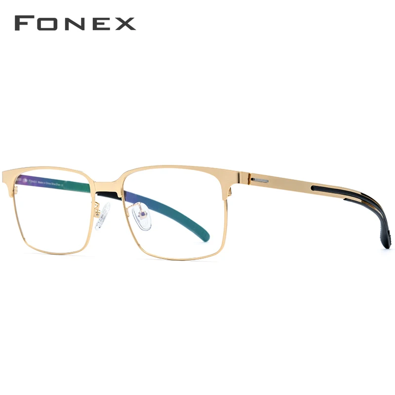 FONEX оптическая оправа для очков из силиконового сплава, Мужские квадратные очки для близорукости по рецепту, новые металлические противоскользящие Безвинтовые очки 989 - Цвет оправы: Золотой