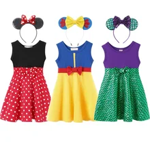 VOGUEON девочек Микки и Минни Маус Повседневное платье из хлопка с головной повязкой, летнее платье на день рождения летнее платье Рапунцель, Белль Золушка, Ариель платье принцессы