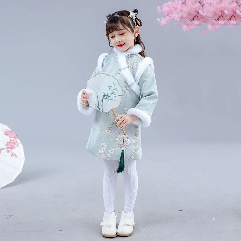 Hanfu/платье Чонсам для девочек зимнее теплое детское платье детское рождественское платье розового и синего цвета Новогодняя одежда принцессы