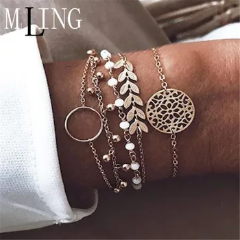 

MLING 5Pcs/Set Vintage Gold Alloy Multi-layer Bracelet Set Bohemian Beads Leaves Circle Flower Bracelet for Women