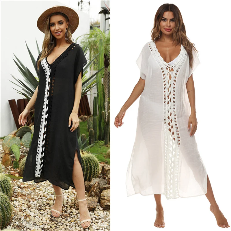 bikini cover up pants 2021 Crochet White Knitted Beach Cover Up Dress Tunic Long Pareo Bikinis Cover Up Hollow Out Swim Cover Up Robe Plage Beachwear bathing suit skirt cover up