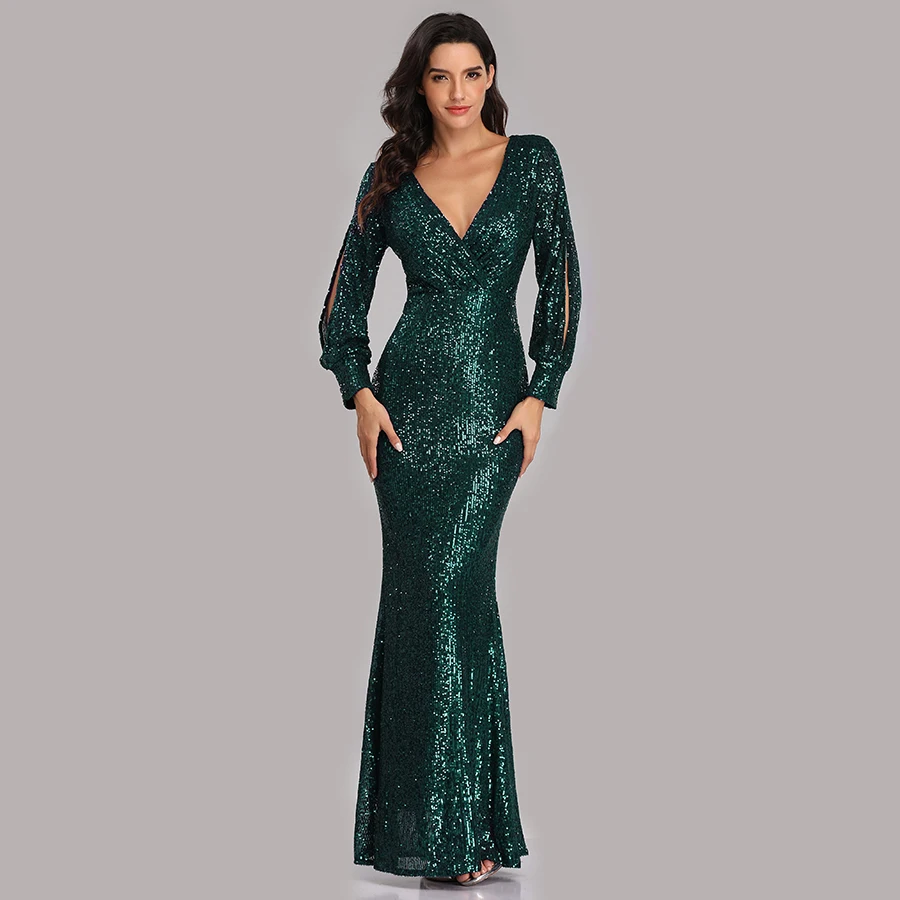 Skyyue, вечерние платья, длинное, расшитое блестками, элегантное, Robe De Soiree,, глубокий v-образный вырез, разрез, официальное платье, полный рукав, вечернее платье LT008 - Цвет: Зеленый