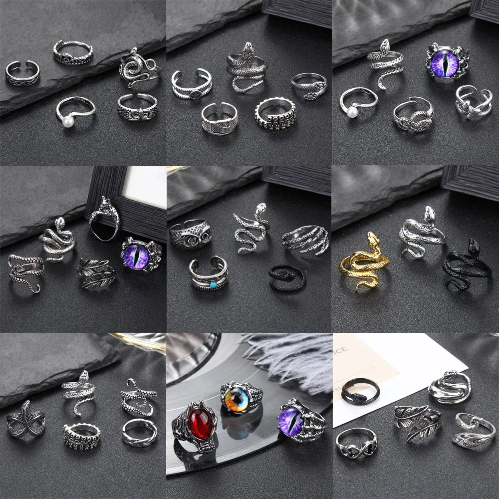 New Punk Jewelry Snake-Rings Bull-Head Skull Evil Dragon Cross-Animal Vintage Gothic 4pc Erb1emZ9aZW