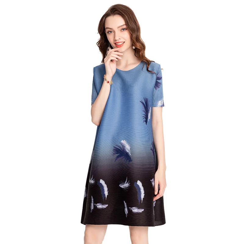Digital feather dress summer fashion women's pleated elastic dress MIYAKE pleats please dress free shipping