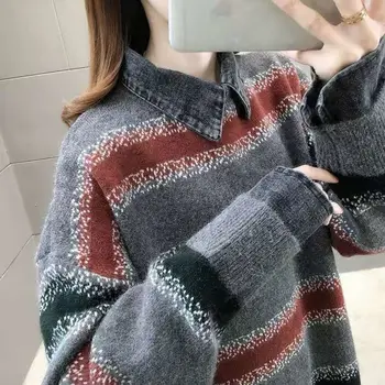 

Autumn and Winter Vintage and Contrast Color Striped Denim Collar Fake Two-Piece Sweater Loose Long-Sleeved Pullover